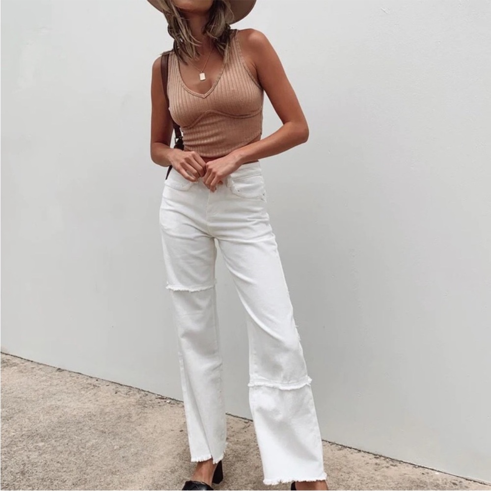 Princess Polly OUTCAST STRAIGHT LEG PANEL JEANS WHITE Size 2 Boho Summer Spring
